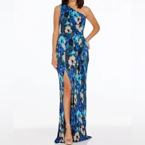 Dress the Population - Blue and Black Floral One-Shoulder Gown